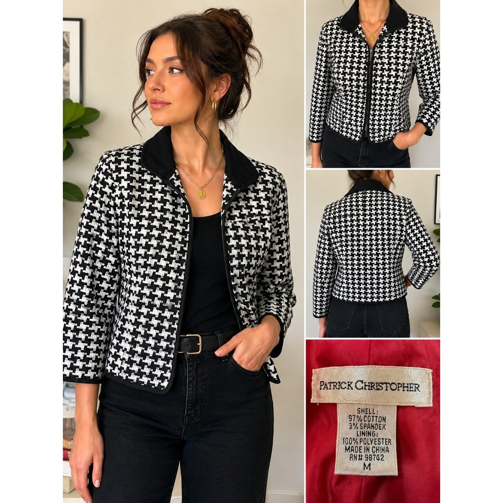 Patrick Christopher Houndstooth Jacket Womens M Dark Academia Zip Front Blazer